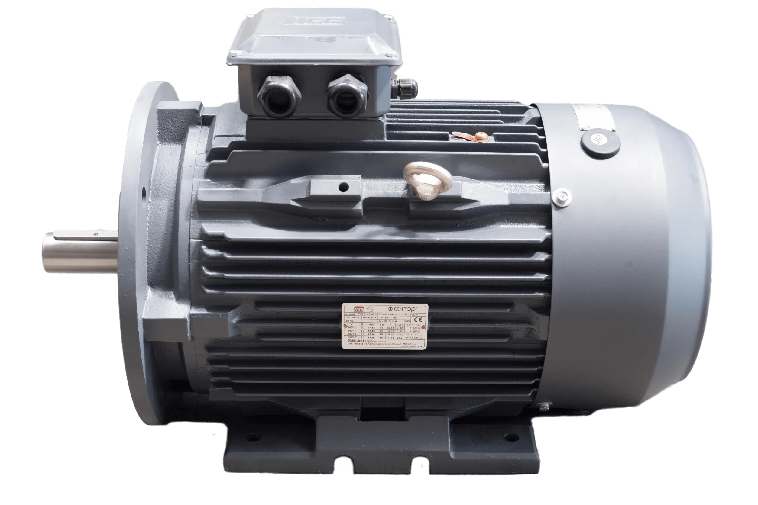TEC Three Phase Electric Motor, 37KW, (50HP), Foot & Flange Mounted(B35), 1500rpm(4 pole), IE2 efficiency, 225S Frame, Cast Iron Body