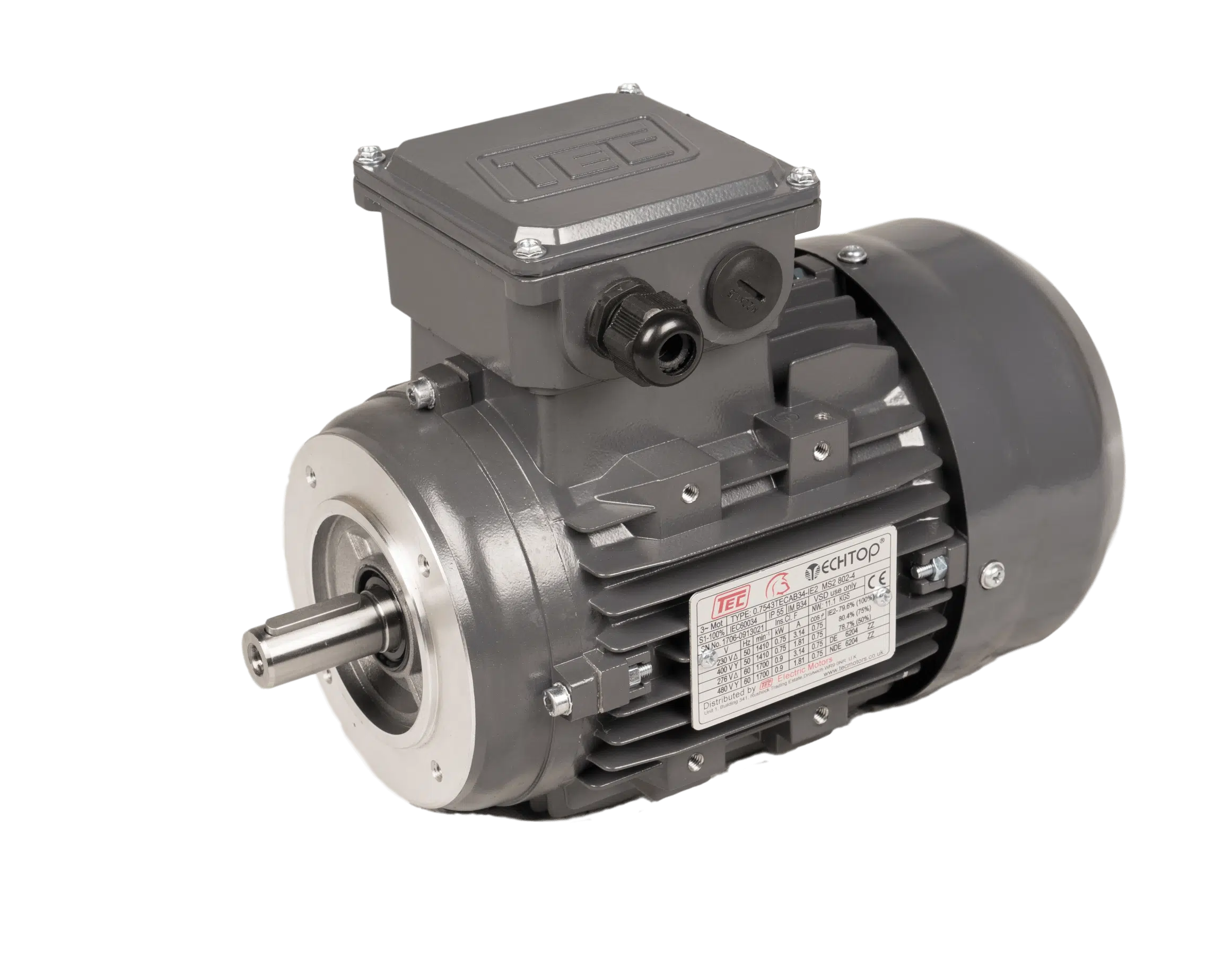 TEC Three Phase Electric Motor, 3kw, 4HP, Flange Mounted, (B14), 3000 rpm (2 pole), IE2 Efficiency 90L Frame, Aluminium Body.