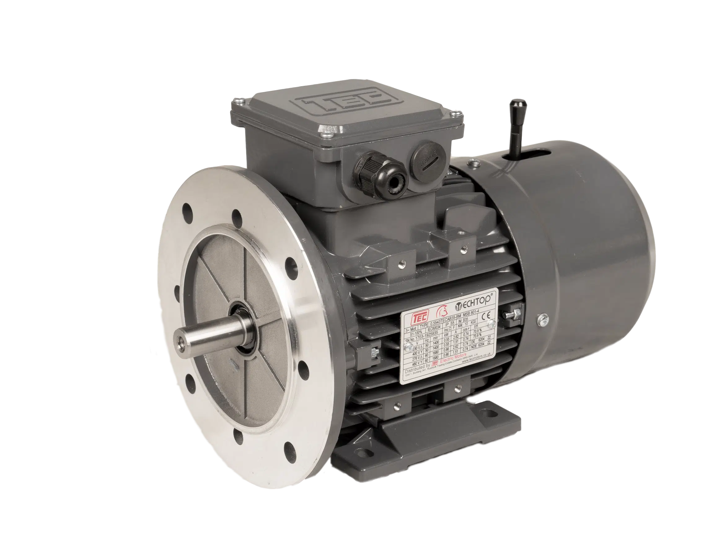TEC Three Phase Electric Brake Motor, 0.18KW, (1/4HP), Flange Mounted(B35), 1500rpm(4 pole), IE1 efficiency, 63 Frame, Aluminium Body