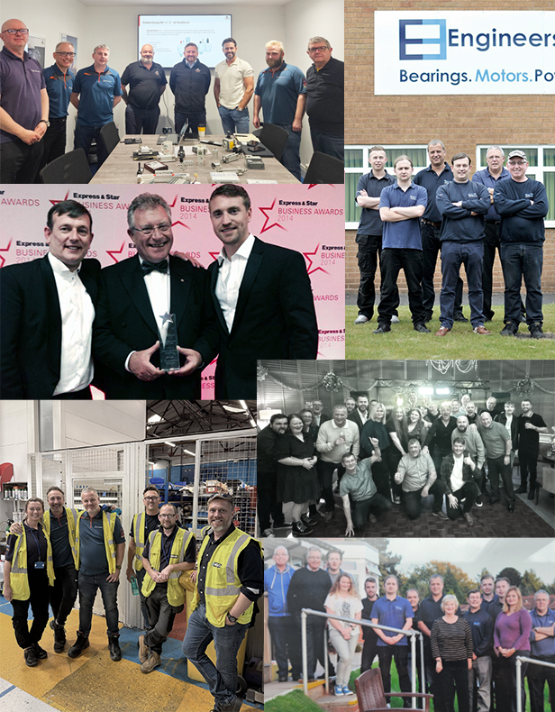Collage of engineering teams in various settings: meeting room, awards ceremony, factory, and outdoor group photo.